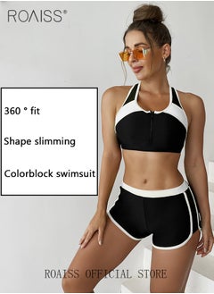 roaiss Women 2 Piece Swimsuit Color Blocked Zippered Sports Bra Top & Tight Shorts Quick Drying Fabric Moisture Wicking and Breathable Versatile Design Provides Coverage and Modesty without being Revealing  - Image 3