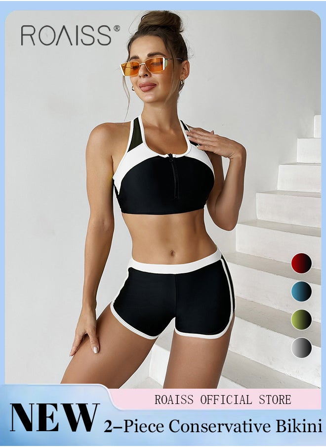 roaiss - Women 2 Piece Swimsuit Color Blocked Zippered Sports Bra Top & Tight Shorts Quick Drying Fabric Moisture Wicking and Breathable Versatile Design Provides Coverage and Modesty without being Revealing - Image 1