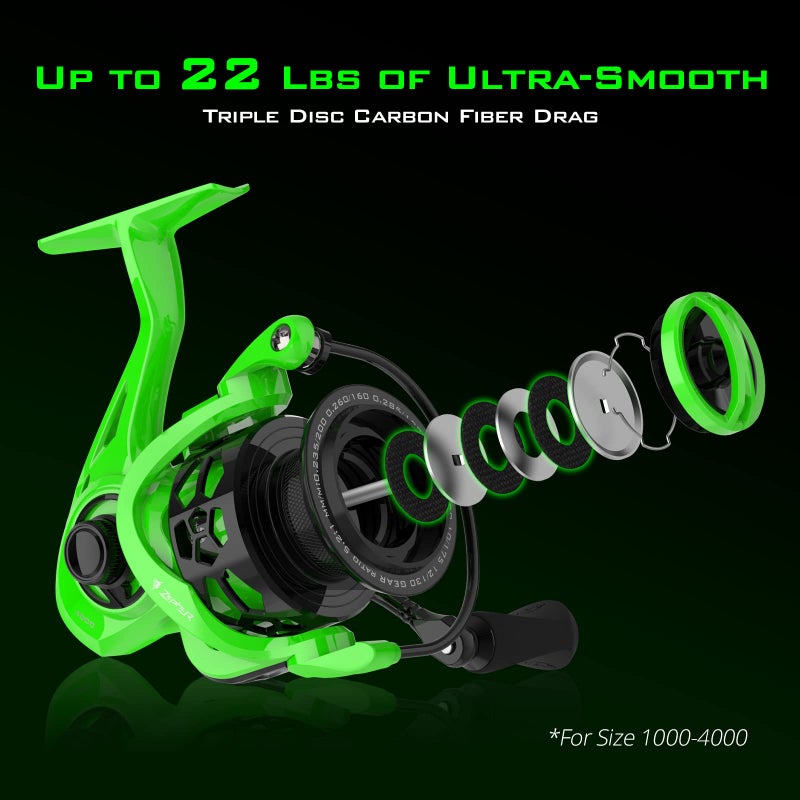 KastKing Zephyr Spinning Reel Green Size 3000,Light to 5.6oz, 7+1BB Smooth Powerful Fishing Reel, Fresh&Saltwater Fishing Reel, Oversized Stainless Steel Main Shaft - Image 3