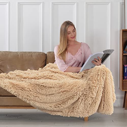 Tuddrom Decorative Extra Soft Faux Fur Throw Blanket 50"x60",Solid Reversible Fuzzy Lightweight Long Hair Shaggy Blanket,Fluffy Cozy Plush Fleece Comfy Microfiber Blanket for Couch Sofa Bed,Apricot - Image 4