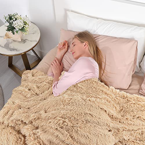 Tuddrom Decorative Extra Soft Faux Fur Throw Blanket 50"x60",Solid Reversible Fuzzy Lightweight Long Hair Shaggy Blanket,Fluffy Cozy Plush Fleece Comfy Microfiber Blanket for Couch Sofa Bed,Apricot - Image 3