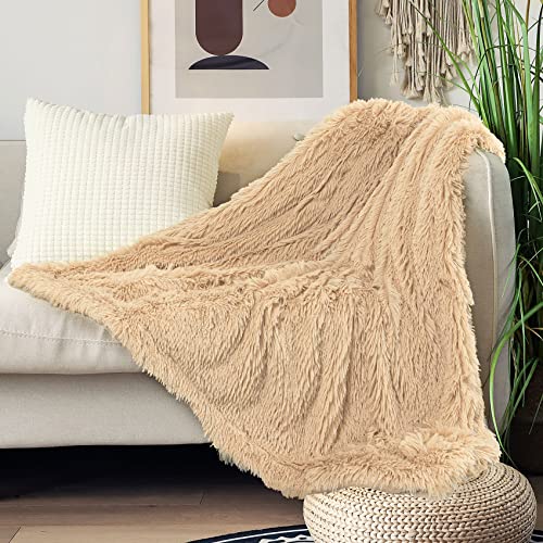 Tuddrom Decorative Extra Soft Faux Fur Throw Blanket 50"x60",Solid Reversible Fuzzy Lightweight Long Hair Shaggy Blanket,Fluffy Cozy Plush Fleece Comfy Microfiber Blanket for Couch Sofa Bed,Apricot - Image 2