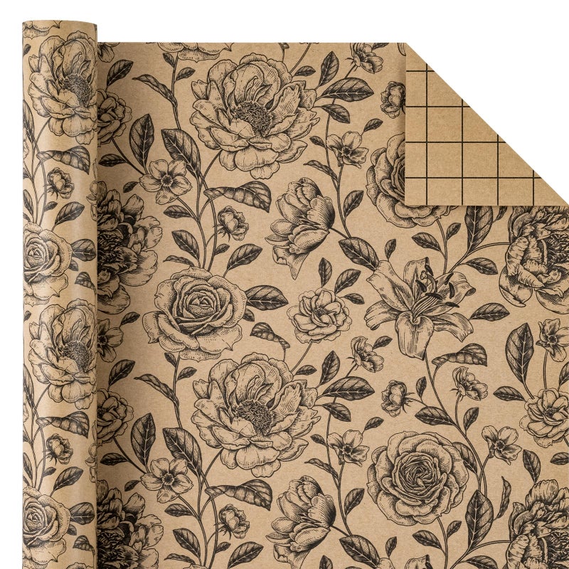 WRAPAHOLIC Kraft Floral Wrapping Paper Roll - Mini Roll - 17 Inch x 9.8 Feet - Vintage Black Flower Wrapping Paper for Birthday, Bridal Shower, Wedding, Baby Shower - Image 3
