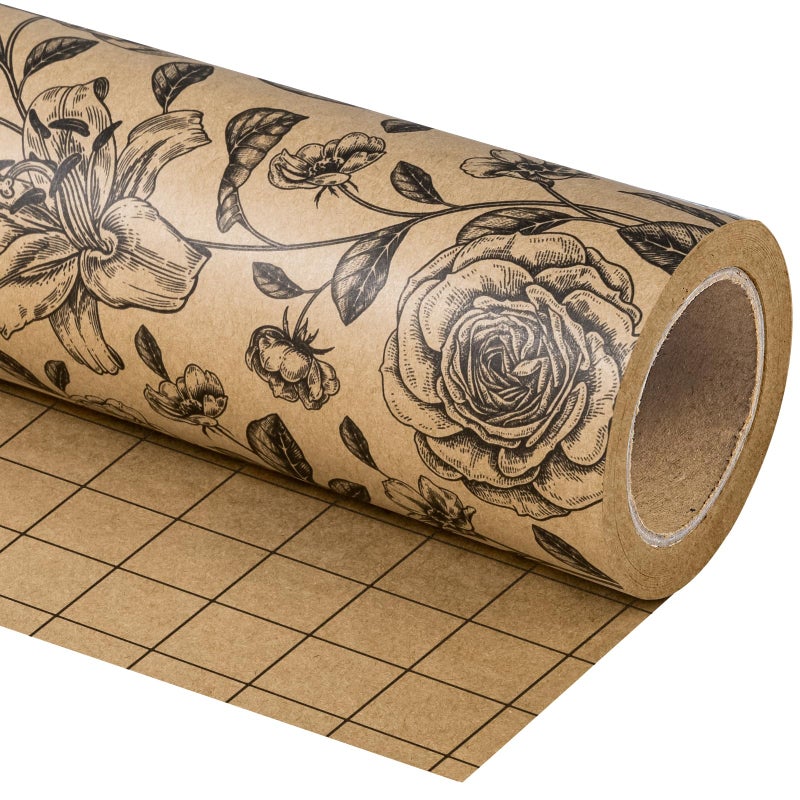 WRAPAHOLIC Kraft Floral Wrapping Paper Roll - Mini Roll - 17 Inch x 9.8 Feet - Vintage Black Flower Wrapping Paper for Birthday, Bridal Shower, Wedding, Baby Shower - Image 1