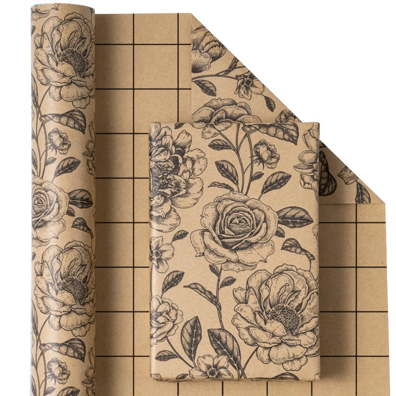 WRAPAHOLIC Kraft Floral Wrapping Paper Roll - Mini Roll - 17 Inch x 9.8 Feet - Vintage Black Flower Wrapping Paper for Birthday, Bridal Shower, Wedding, Baby Shower - Image 2