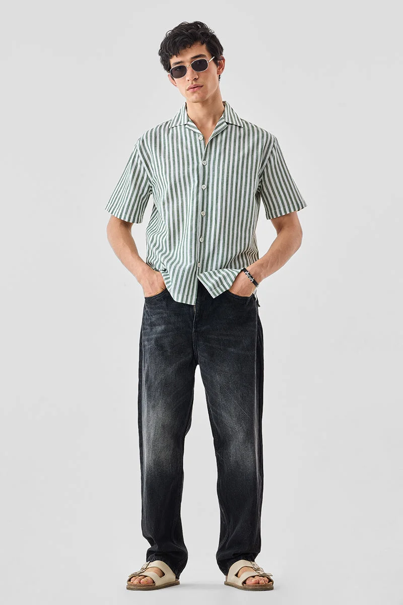 Snitch Green Stripes Linen Blend Regular Fit Shirt for Men | Best Price UAE