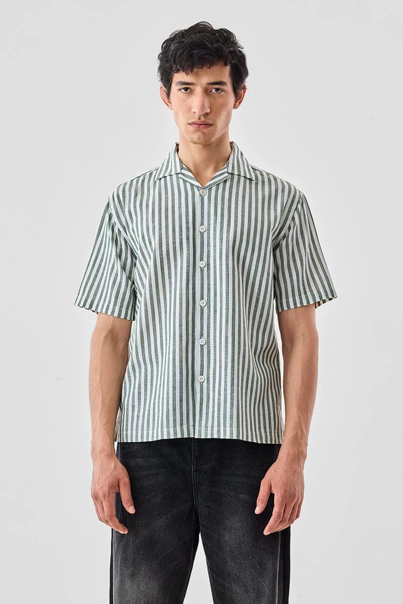 Snitch Green Stripes Linen Blend Regular Fit Shirt for Men | Best Price UAE