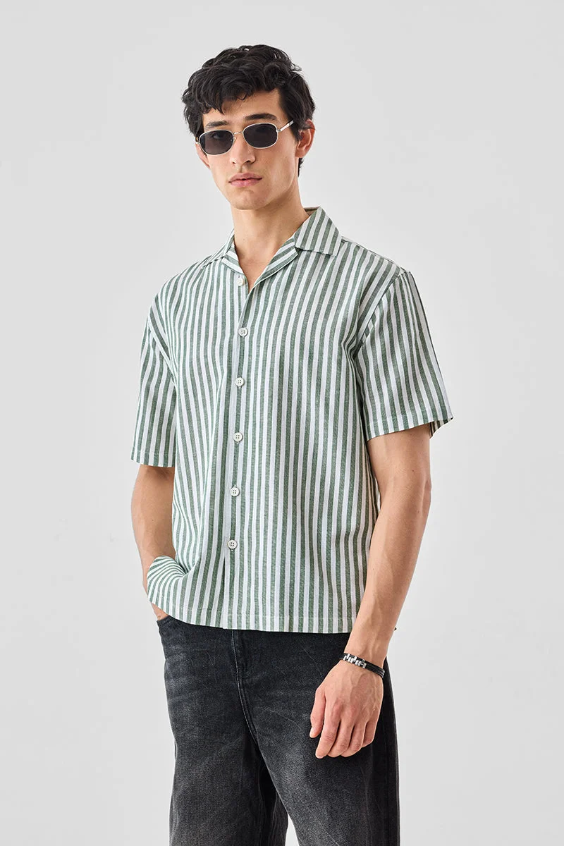 Snitch Green Stripes Linen Blend Regular Fit Shirt for Men | Best Price UAE