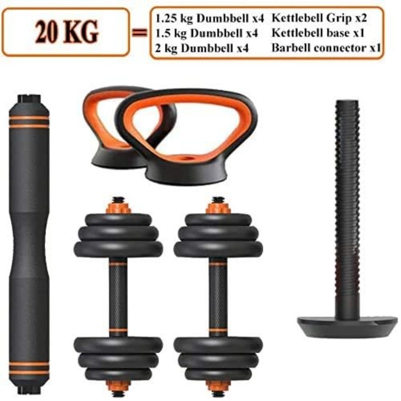 Home gym strength training: 20kg 4-in-1 adjustable dumbbell, barbell, kettlebell and push-up set in black steel with ergonomic grip and space-saving design - Image 2