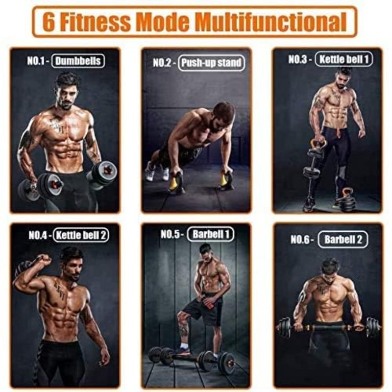 Home gym strength training: 20kg 4-in-1 adjustable dumbbell, barbell, kettlebell and push-up set in black steel with ergonomic grip and space-saving design - Image 5