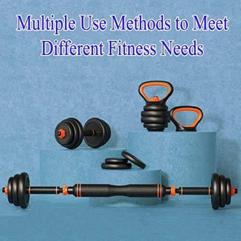 Home gym strength training: 20kg 4-in-1 adjustable dumbbell, barbell, kettlebell and push-up set in black steel with ergonomic grip and space-saving design - Image 4