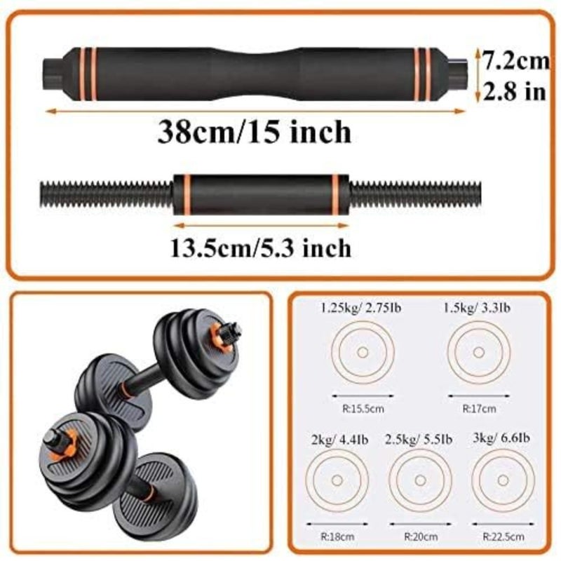 Home gym strength training: 20kg 4-in-1 adjustable dumbbell, barbell, kettlebell and push-up set in black steel with ergonomic grip and space-saving design - Image 3