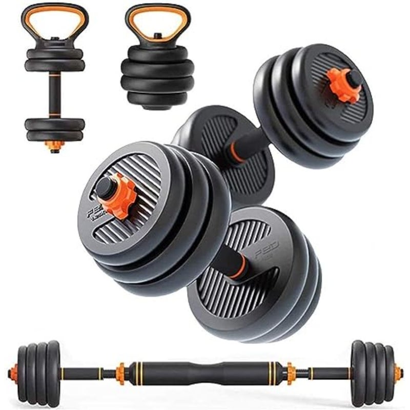 Home gym strength training: 20kg 4-in-1 adjustable dumbbell, barbell, kettlebell and push-up set in black steel with ergonomic grip and space-saving design - Image 1