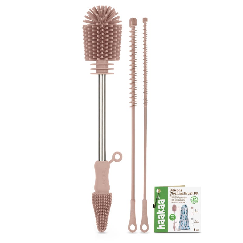Haakaa Silicone Cleaning Brush Kit - Baby Bottle Brush Cleaner for Breast Pump,Nipple,Breast Milk Storage Bag,Reusable Straw,Sippy Cup - Food Grade Silicone Bristles, Portable - 3 Pcs - Pink - Image 1