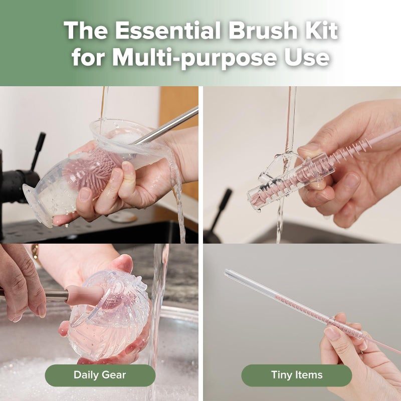 Haakaa Silicone Cleaning Brush Kit - Baby Bottle Brush Cleaner for Breast Pump,Nipple,Breast Milk Storage Bag,Reusable Straw,Sippy Cup - Food Grade Silicone Bristles, Portable - 3 Pcs - Pink - Image 3