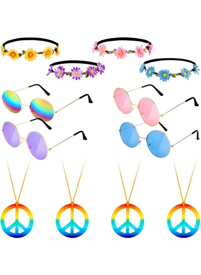 Fiada 12 Pieces Hippie Dressing Accessory Set Includes 4 Pairs 60S 70S Style Circle Colored Glasses 4 Pieces Sunflower Crown Headband 4 Pieces Rainbow Peace Necklace For 60S 70S Party Favor  - Image 1