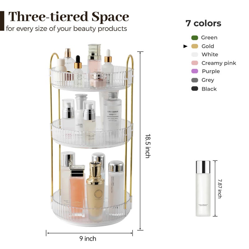Aveniee Rotating Makeup Organizer for Vanity, 3 Tier Perfume Skincare Organizers and Storage for Bathroom Countertop, Clear Spinning Counter Shelf Cosmetic Holder for Dresser,Gold - Image 3