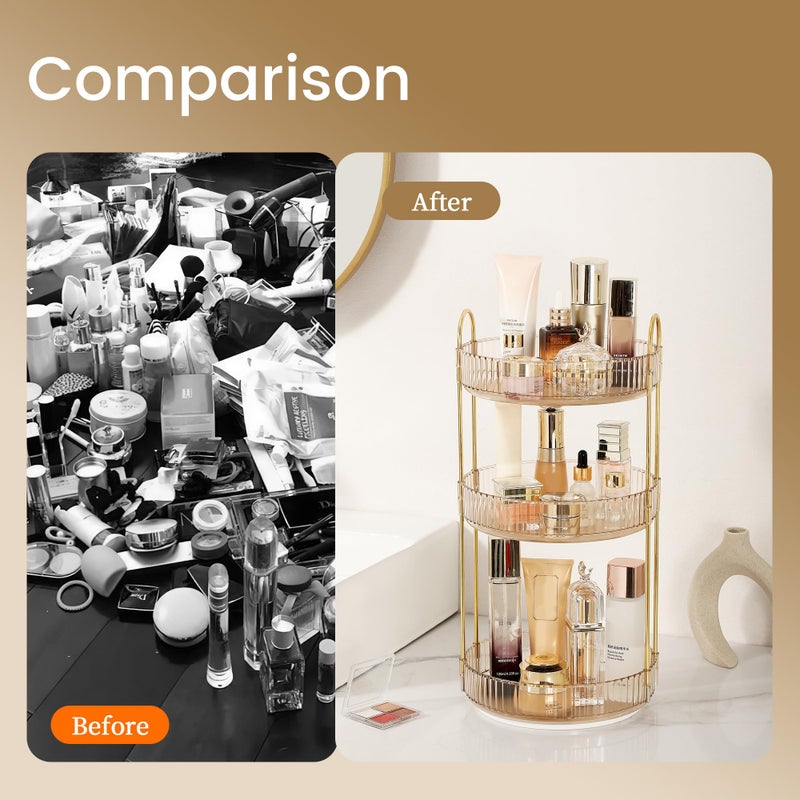 Aveniee Rotating Makeup Organizer for Vanity, 3 Tier Perfume Skincare Organizers and Storage for Bathroom Countertop, Clear Spinning Counter Shelf Cosmetic Holder for Dresser,Gold - Image 4