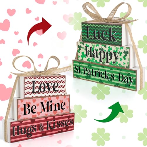 Sealmic Valentine's Day Decoration Reversible Valentine St. Patrick's Day Table Decoration Wooden Table Centerpieces Rustic Valentine Tabletop Sign Bundle Double Side Irish Tiered Tray Decor for Home Office Decor - Image 1