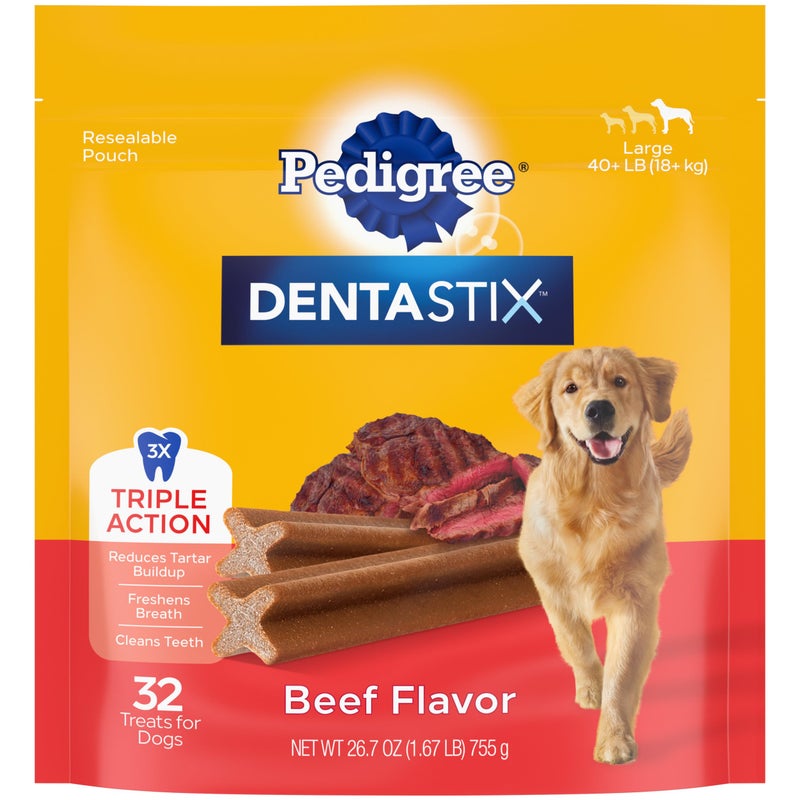 Pedigree Dentastix Large Breed Dog Treats, Beef Flavor, 1.67 lb. Bag (32 Treats) - Image 1