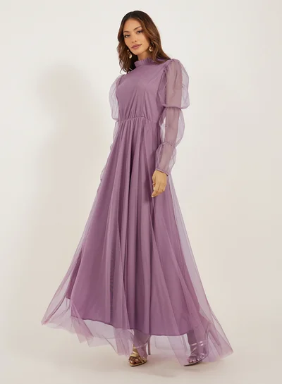 Styli Solid High Neck Net A-Line Maxi Dress
