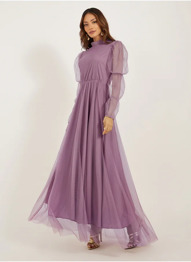 ستايلي Solid High Neck Net A-Line Maxi Dress