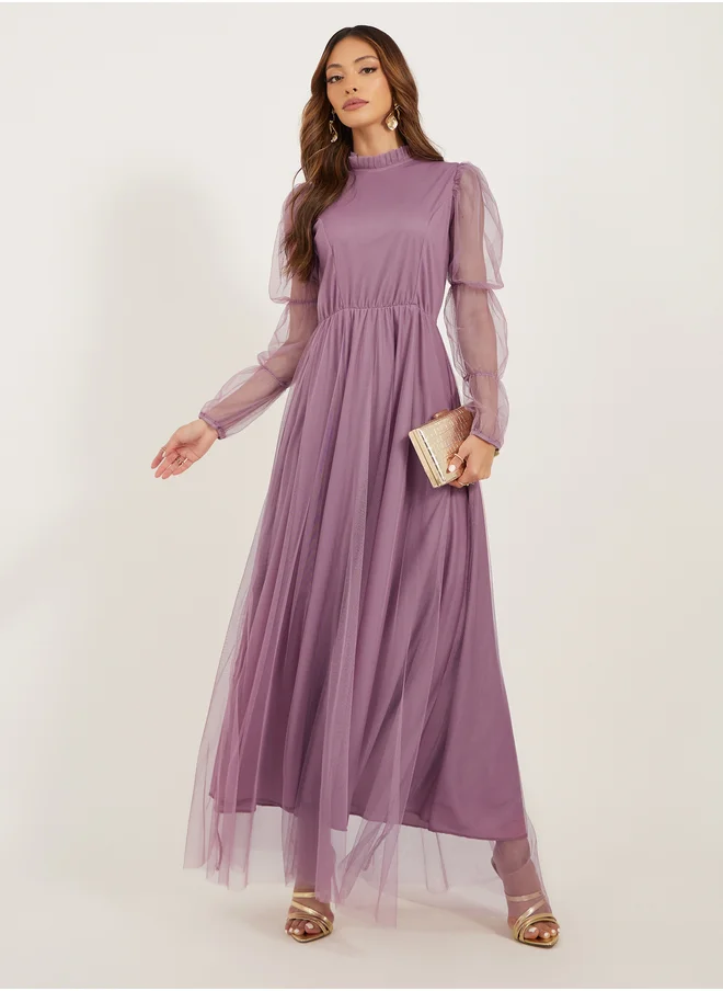 ستايلي Solid High Neck Net A-Line Maxi Dress
