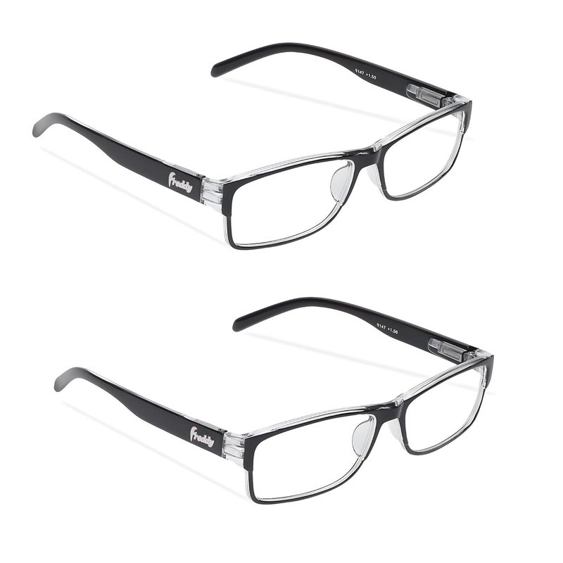 FREDDY Reading Glasses Set, Pack of 2, Full-Rim Spring Temple Design, Black/Clear Frame, Multiple Powers Available - Image 1