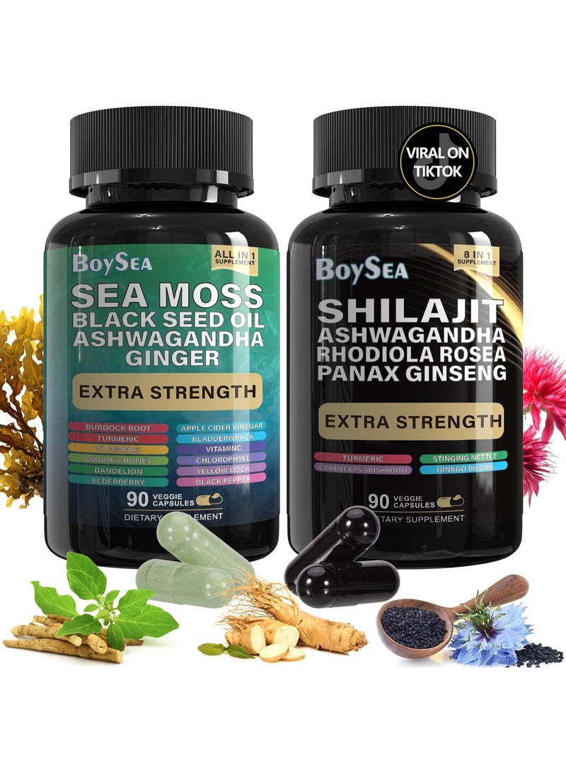 بوي مجموعة بويسي شيلاجيت وطحالب البحر - 90 قطعة - طحالب البحر، زيت حبة البركة، أشواغاندا، زنجبيل وشيلاجيت، روديولا روزيا، الكل في واحد - Image 1