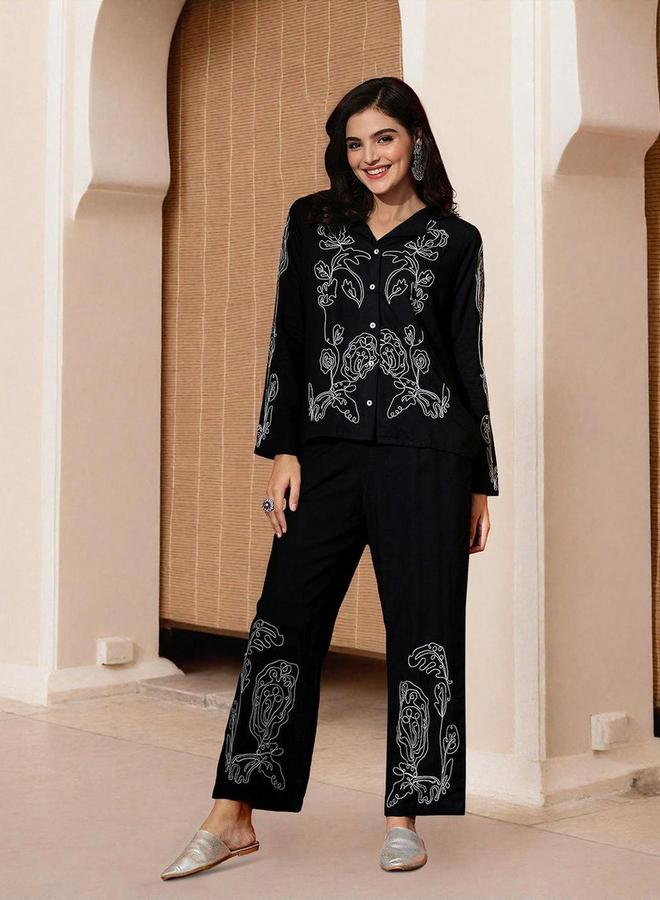 آي شين طقم منسق من بلوزة مطرّزة وبنطال - Image 1