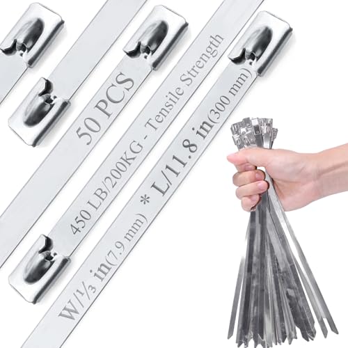 ZOOSUNX Metal Cable Ties50Pcs 12 300mm 304 Stainless Steel Zip Ties 450LB Heavy Duty 2X Stronger W031 79mm Heat Resistant for Exhaust WrapFencingPipesAuto Repair Replace Metal Wires - Image 1