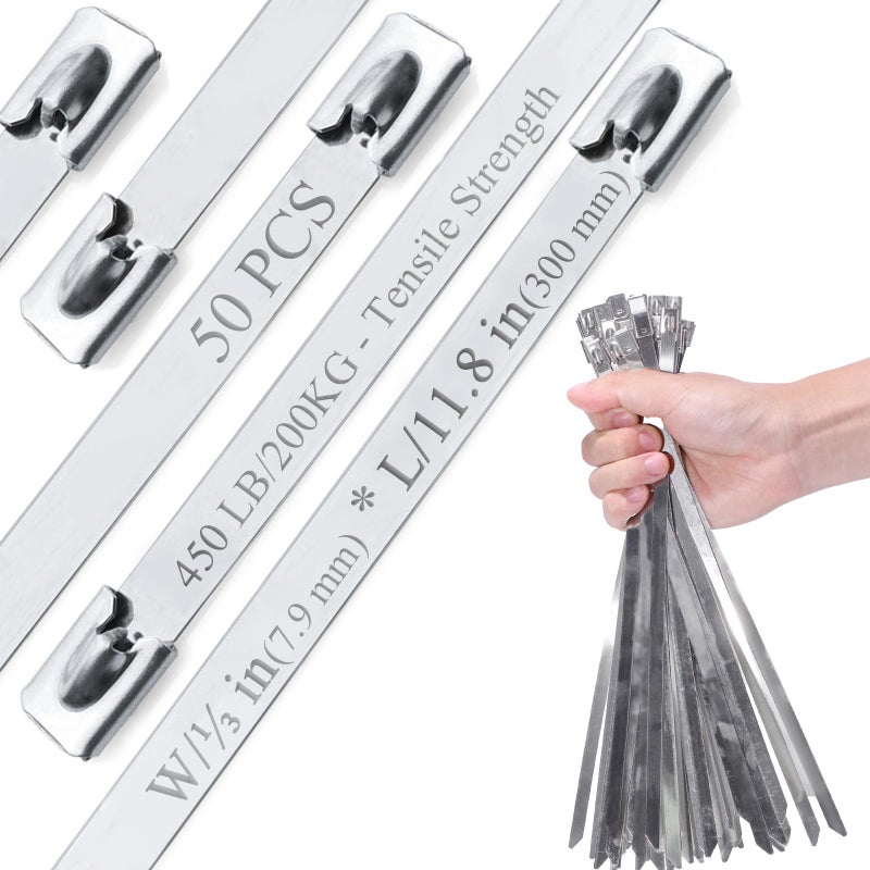 ZOOSUNX Metal Cable Ties50Pcs 12 300mm 304 Stainless Steel Zip Ties 450LB Heavy Duty 2X Stronger W031 79mm Heat Resistant for Exhaust WrapFencingPipesAuto Repair Replace Metal Wires - Image 2