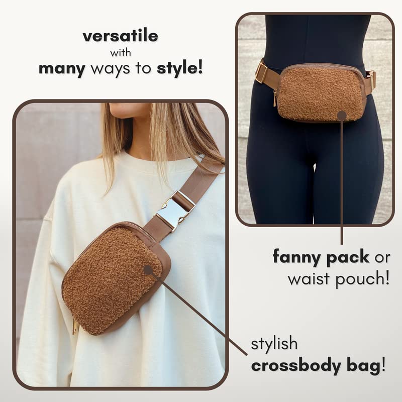 CITRUSY Boutique Fleece Belt Bag | Sherpa Crossbody Fanny Pack for Women Fashionable | Cute Mini Everywhere Bum Hip Waist Pack | Small Fashion Travel Chest Bag | Gold Accessories | Adjustable Small Strap | Caramel - Image 5