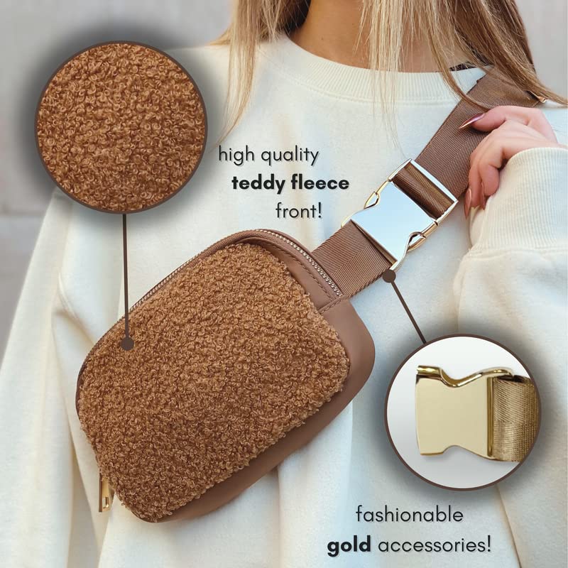CITRUSY Boutique Fleece Belt Bag | Sherpa Crossbody Fanny Pack for Women Fashionable | Cute Mini Everywhere Bum Hip Waist Pack | Small Fashion Travel Chest Bag | Gold Accessories | Adjustable Small Strap | Caramel - Image 2
