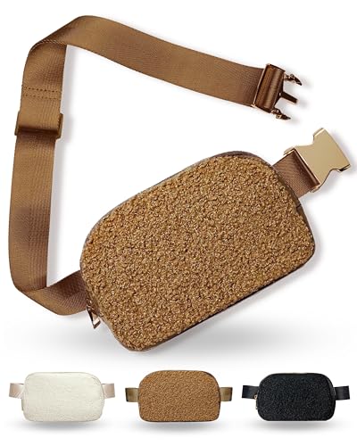 CITRUSY Boutique Fleece Belt Bag | Sherpa Crossbody Fanny Pack for Women Fashionable | Cute Mini Everywhere Bum Hip Waist Pack | Small Fashion Travel Chest Bag | Gold Accessories | Adjustable Small Strap | Caramel - Image 1