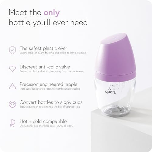 Quark BuubiBottle Mini Slow Flow Bottle for Newborn Babies by Quark with AntiColic RealFeel Nipple to Simulate Breastfeeding BPAFree PVCFree ToxinFree 5 Oz Bottle with Lid 2 Pack Purple - Image 3
