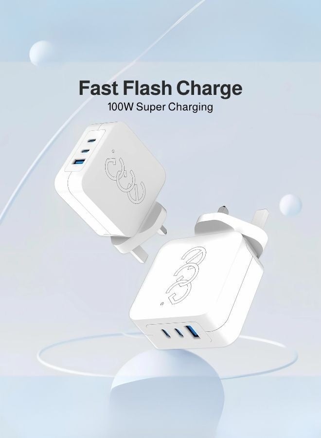 إج شاحن فائق السرعة GaN بقدرة 100 واط، ثلاثي المنافذ (USB-C ×2 + USB-A)، متوافق مع أجهزة Apple وAndroid وWindows  تصميم مضغوط ومثالي للسفر (أبيض) - Image 1