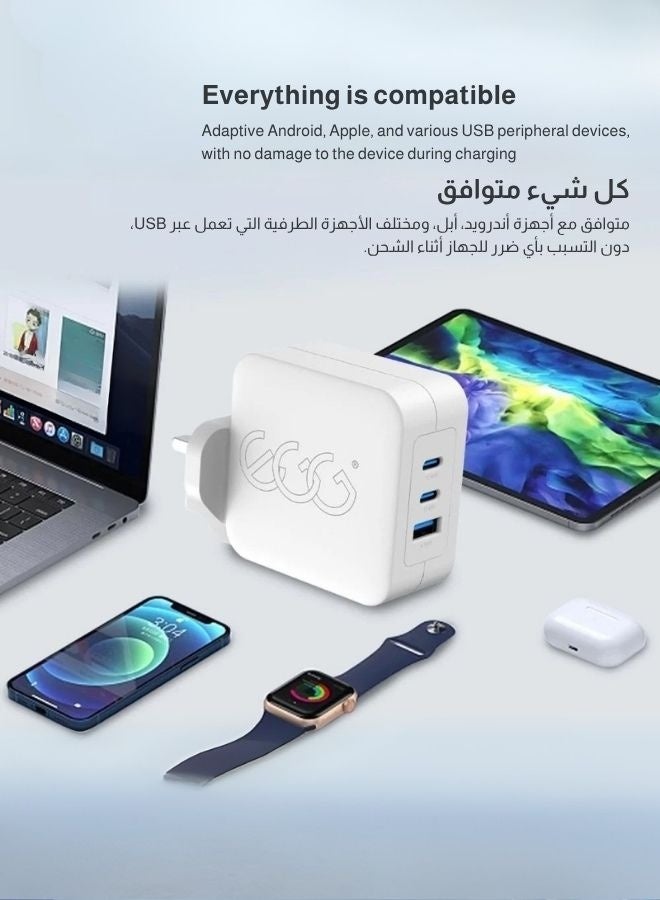 إج شاحن فائق السرعة GaN بقدرة 100 واط، ثلاثي المنافذ (USB-C ×2 + USB-A)، متوافق مع أجهزة Apple وAndroid وWindows  تصميم مضغوط ومثالي للسفر (أبيض) - Image 4