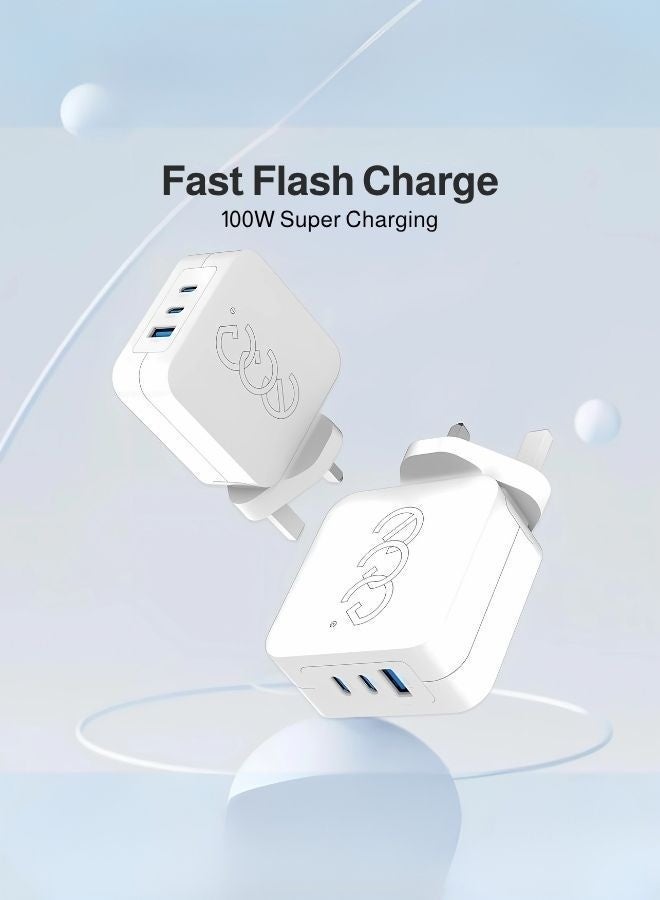 إج شاحن فائق السرعة GaN بقدرة 100 واط، ثلاثي المنافذ (USB-C ×2 + USB-A)، متوافق مع أجهزة Apple وAndroid وWindows  تصميم مضغوط ومثالي للسفر (أبيض) - Image 1