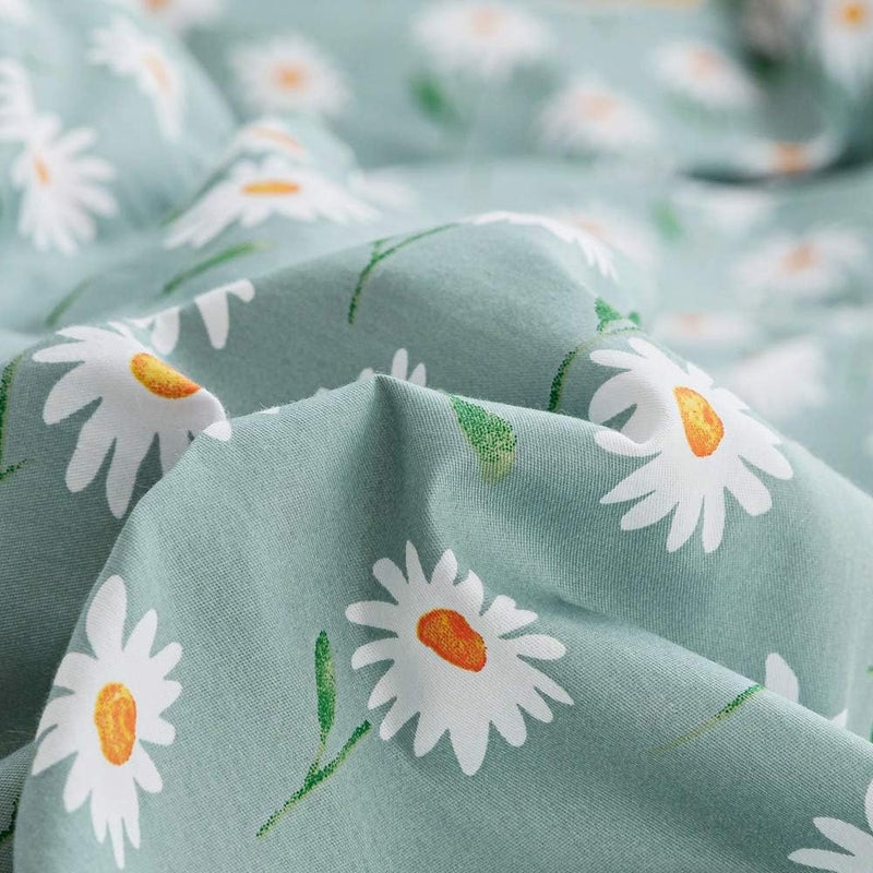 AMWAN Garden Style Daisy Floral Duvet Cover Queen - Comfy 100% Cotton Bedding Set, Chic White Green Comforter Cover for Girls and Women With Zipper Closure and 4 Ties - Image 4