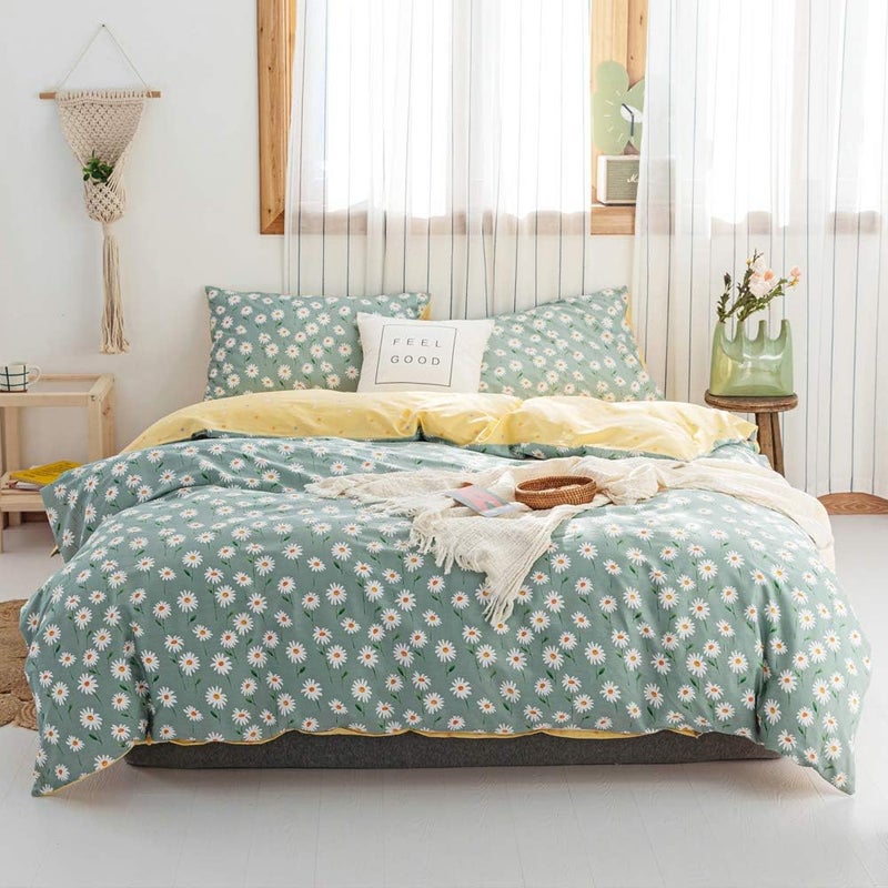 AMWAN Garden Style Daisy Floral Duvet Cover Queen - Comfy 100% Cotton Bedding Set, Chic White Green Comforter Cover for Girls and Women With Zipper Closure and 4 Ties - Image 1