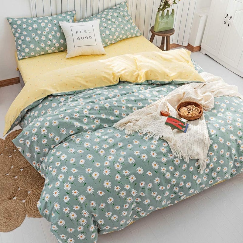 AMWAN Garden Style Daisy Floral Duvet Cover Queen - Comfy 100% Cotton Bedding Set, Chic White Green Comforter Cover for Girls and Women With Zipper Closure and 4 Ties - Image 2