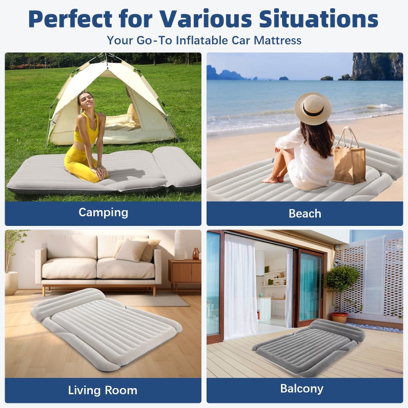 KMZ SUV Air Mattress Thickened Double Flocking Camping Mattress Upgraded Portable Sleeping Car pad Comfortable Inflatable Travel Bed with External Pump and 2 Pillowsï¼ˆOff-White and Light Grayï¼‰ - Image 3