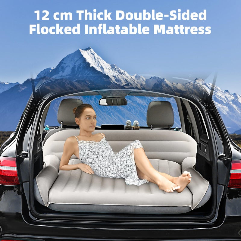 KMZ SUV Air Mattress Thickened Double Flocking Camping Mattress Upgraded Portable Sleeping Car pad Comfortable Inflatable Travel Bed with External Pump and 2 Pillowsï¼ˆOff-White and Light Grayï¼‰ - Image 2