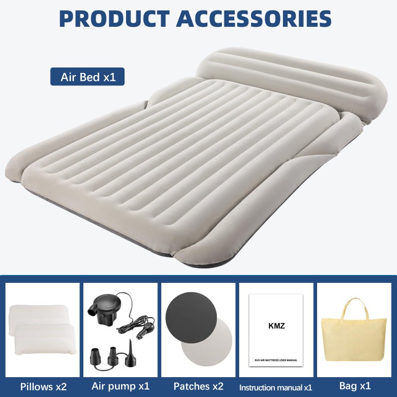 KMZ SUV Air Mattress Thickened Double Flocking Camping Mattress Upgraded Portable Sleeping Car pad Comfortable Inflatable Travel Bed with External Pump and 2 Pillowsï¼ˆOff-White and Light Grayï¼‰ - Image 5
