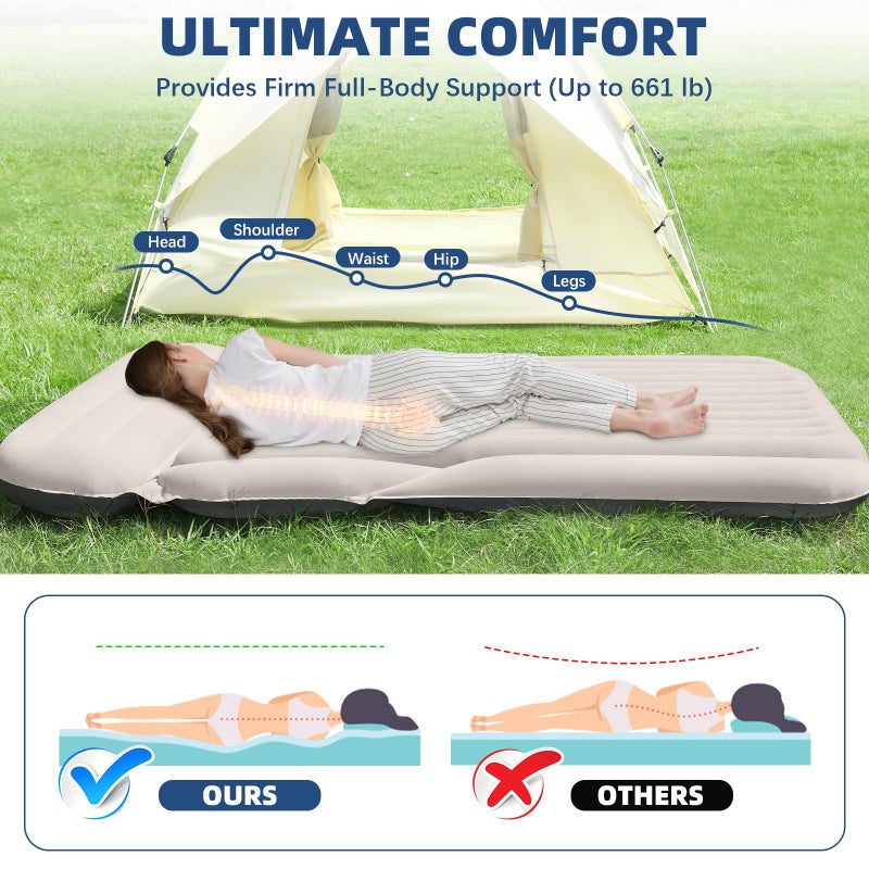 KMZ SUV Air Mattress Thickened Double Flocking Camping Mattress Upgraded Portable Sleeping Car pad Comfortable Inflatable Travel Bed with External Pump and 2 Pillowsï¼ˆOff-White and Light Grayï¼‰ - Image 4