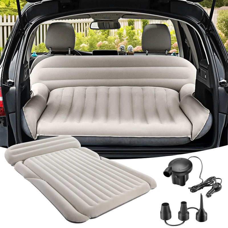 KMZ SUV Air Mattress Thickened Double Flocking Camping Mattress Upgraded Portable Sleeping Car pad Comfortable Inflatable Travel Bed with External Pump and 2 Pillowsï¼ˆOff-White and Light Grayï¼‰ - Image 1