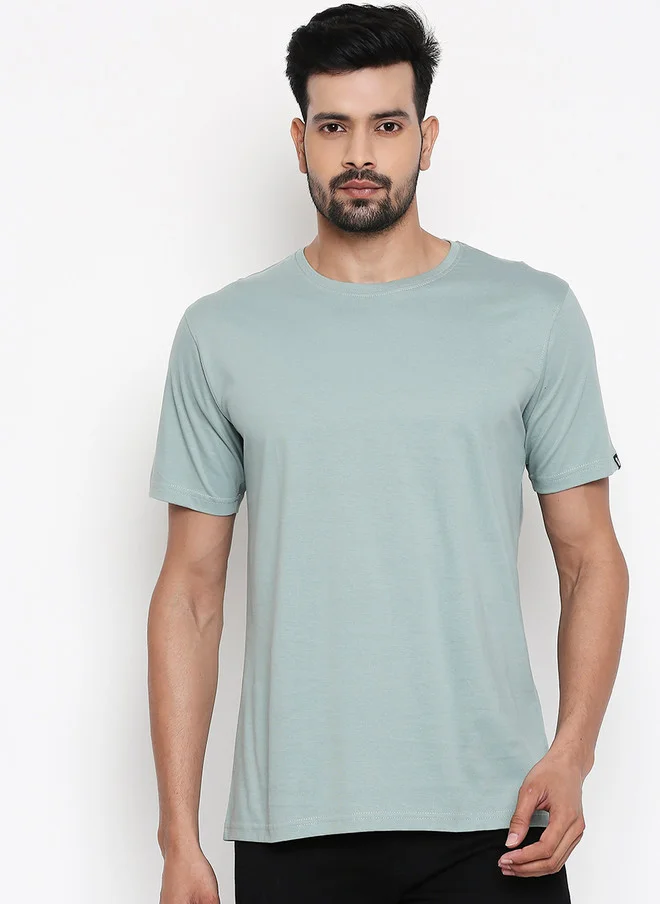 The Souled Store Men Regular Fit Solid Sage Green T-Shirt