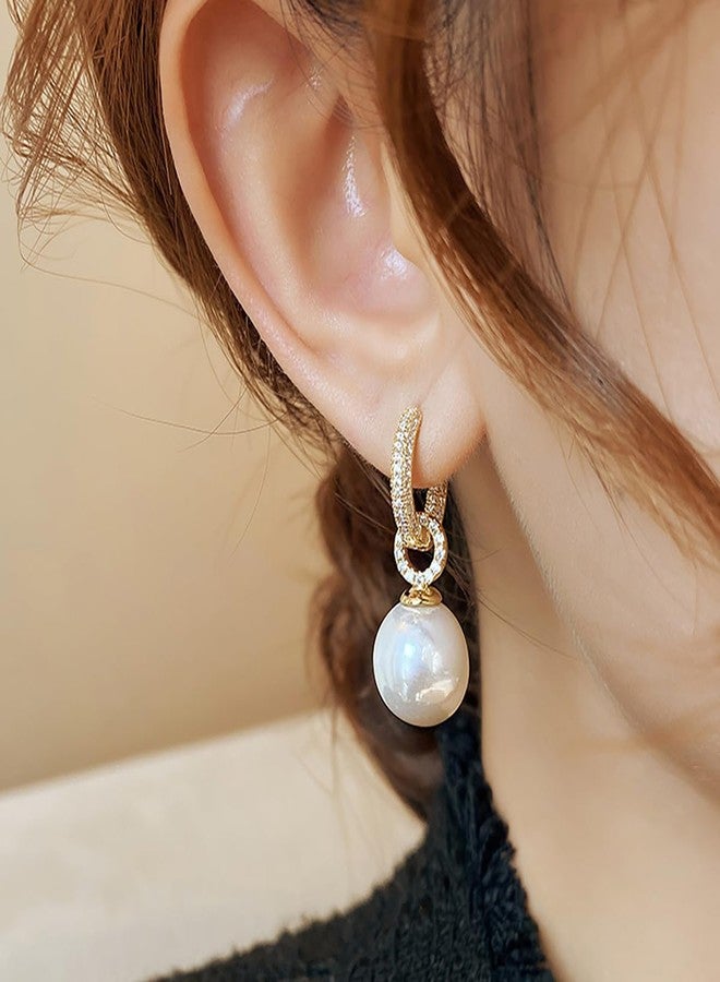 MarveBard Pearl Earrings for Women Zircon Pearl Dangle Drop Earrings Gold Huggie Hoop Earrings Circular Temperment Banquet Jewelry (Gold) - Image 2