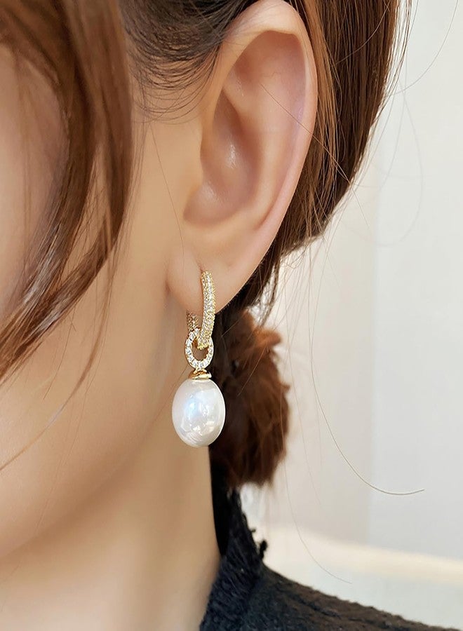 MarveBard Pearl Earrings for Women Zircon Pearl Dangle Drop Earrings Gold Huggie Hoop Earrings Circular Temperment Banquet Jewelry (Gold) - Image 3